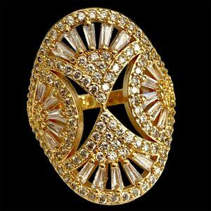 Art Deco Cubic Zirconia Cocktail Ring Yellow Gold Plated Size 7 8 9 Statement
